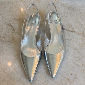 Jeffrey Campbell silver sling back kitten heel sandals